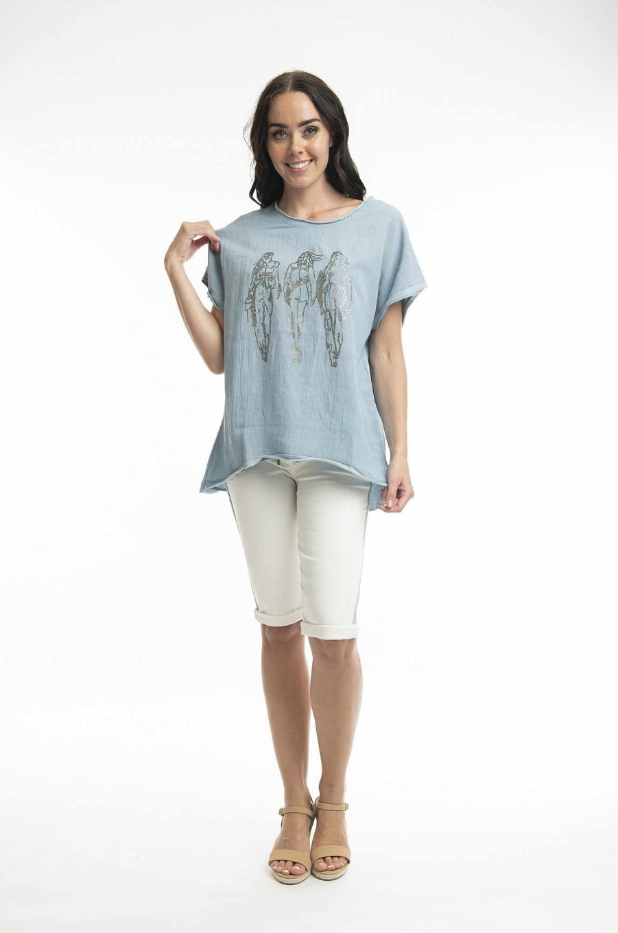 Women Orientique Tops | Tee Embellished Runway Chambray