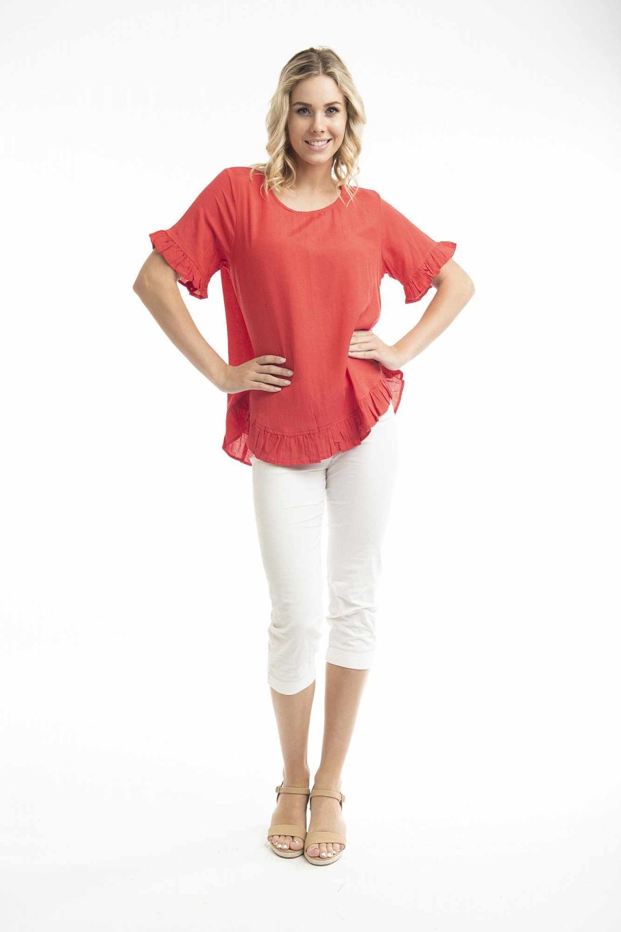 Women Orientique Essentials | Essentials Top Linen Frill Red