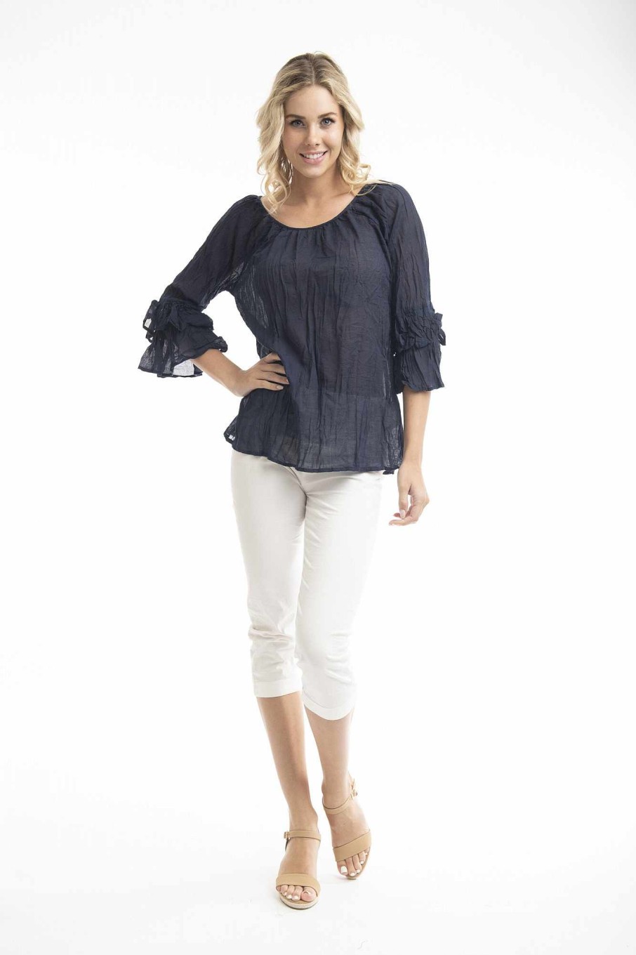 Women Orientique Essentials | Essentials Top Cotton Frill Sleeve Gauze Navy