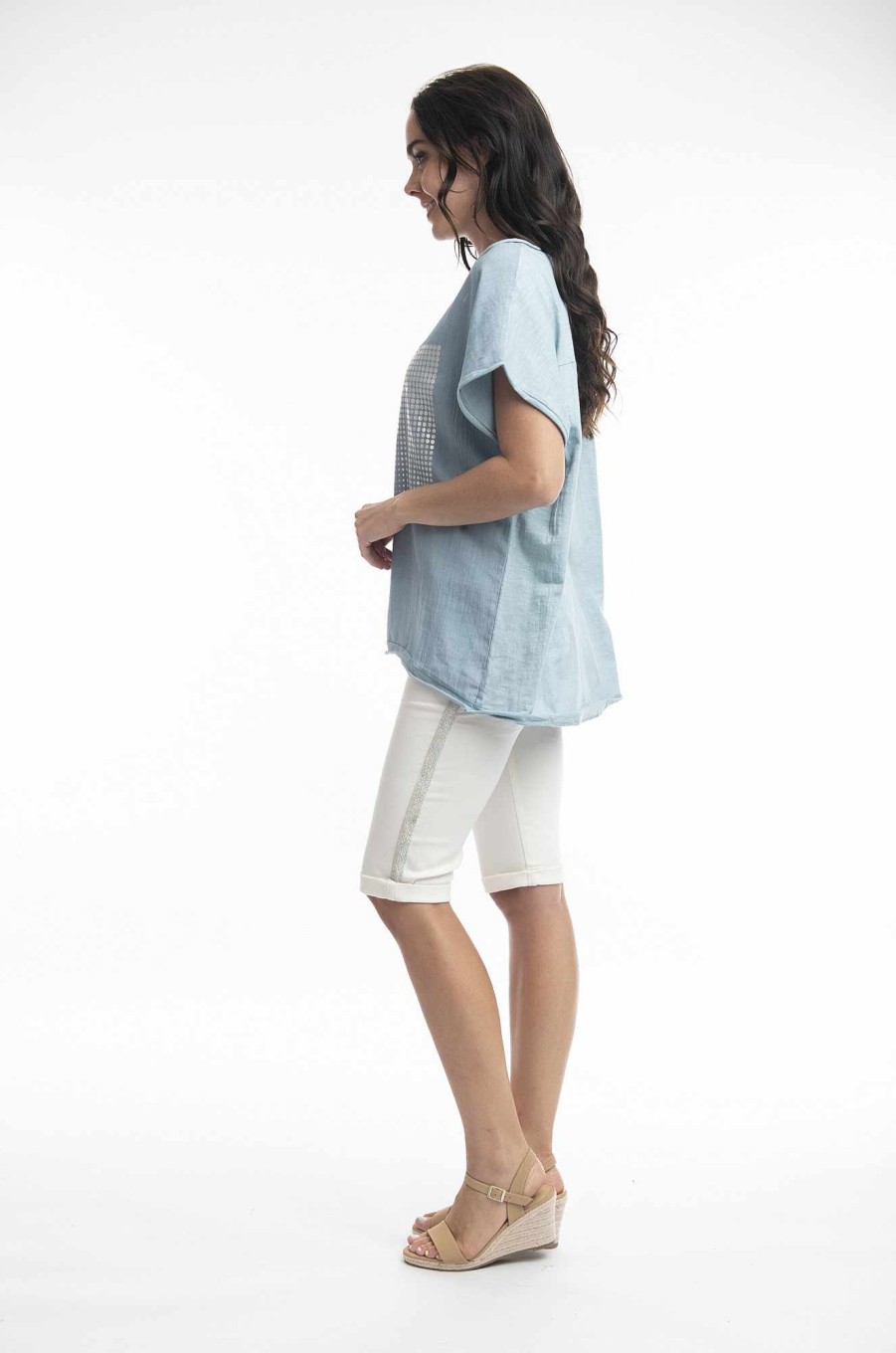 Women Orientique Tops | Tee Embellished Graded Block Chambray