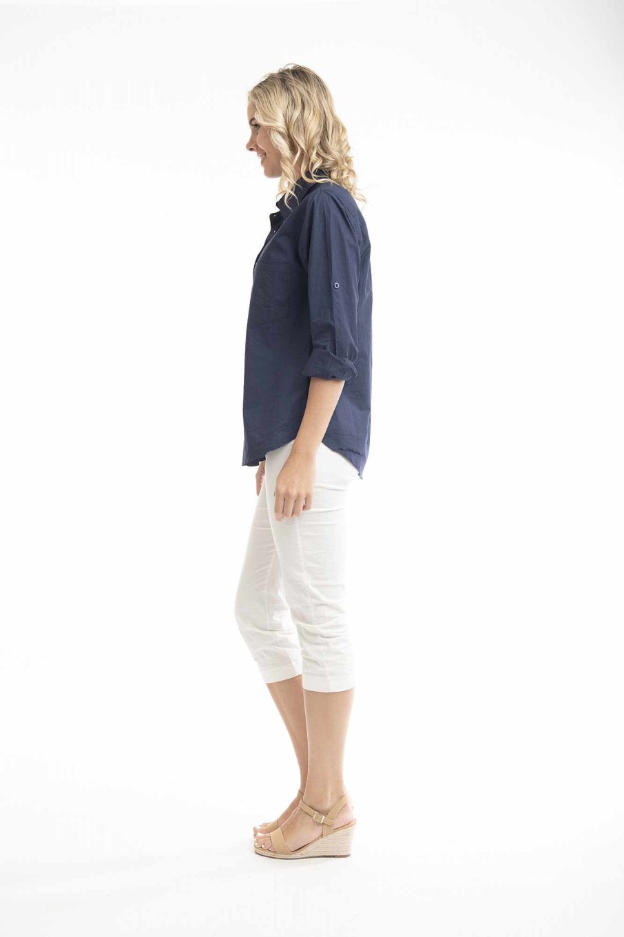 Women Orientique Essentials | Essentials Shirt Single Pocket Solid Navy