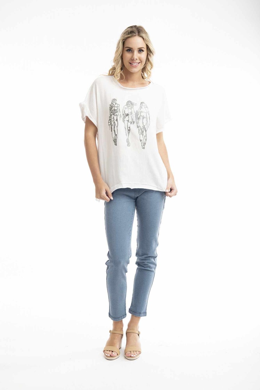 Women Orientique Tops | Tee Embellished Runway White