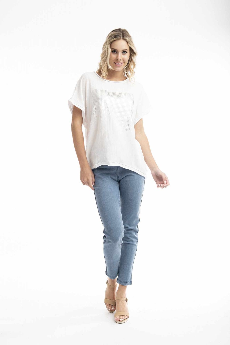 Women Orientique Tops | Tee Embellished Graded Block White