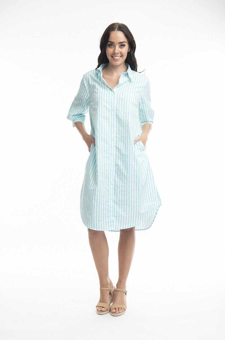 Women Orientique Essentials | Essentials Shirt Dress Stripe Aqua