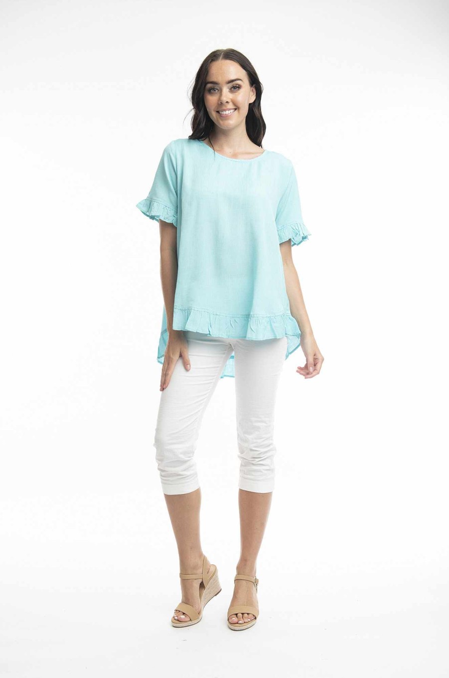 Women Orientique Essentials | Essentials Top Linen Frill Aqua