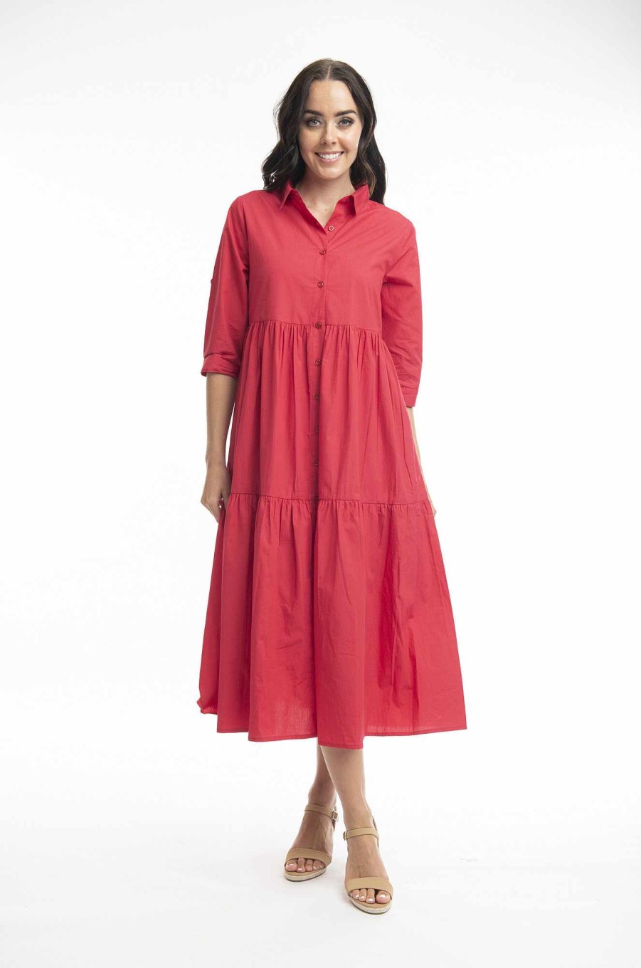 Women Orientique Essentials | Essentials Dress Laye 3/4 Sleeve Red