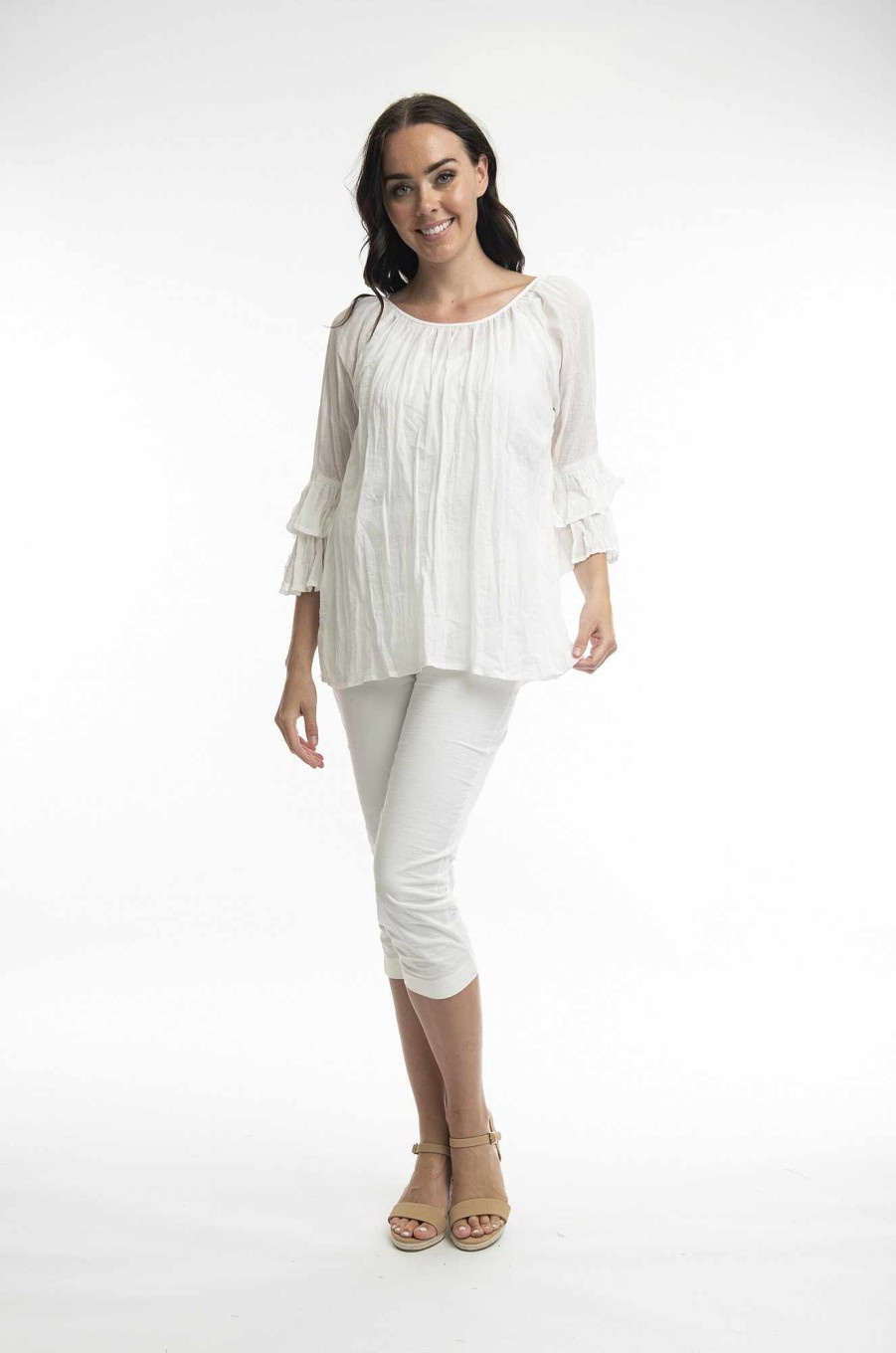 Women Orientique Essentials | Essentials Top Cotton Frill Sleeve Gauze White