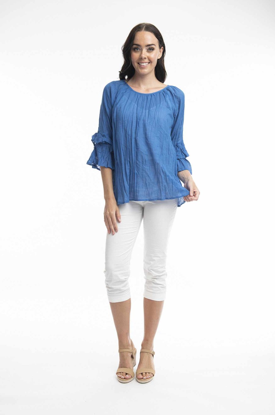 Women Orientique Essentials | Essentials Top Cotton Frill Sleeve Gauze Nautical Blue