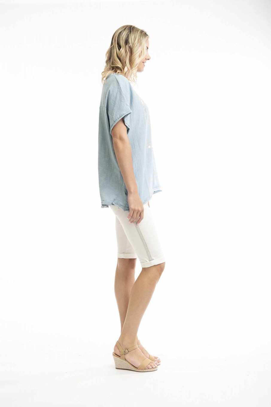 Women Orientique Tops | Tee Embellished Leaf Veins Chambray