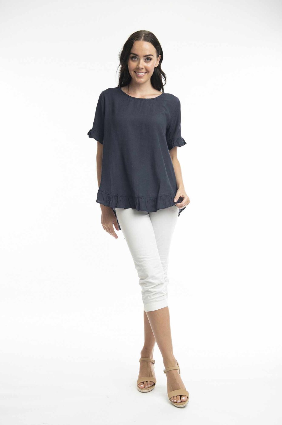 Women Orientique Essentials | Essentials Top Linen Frill Navy