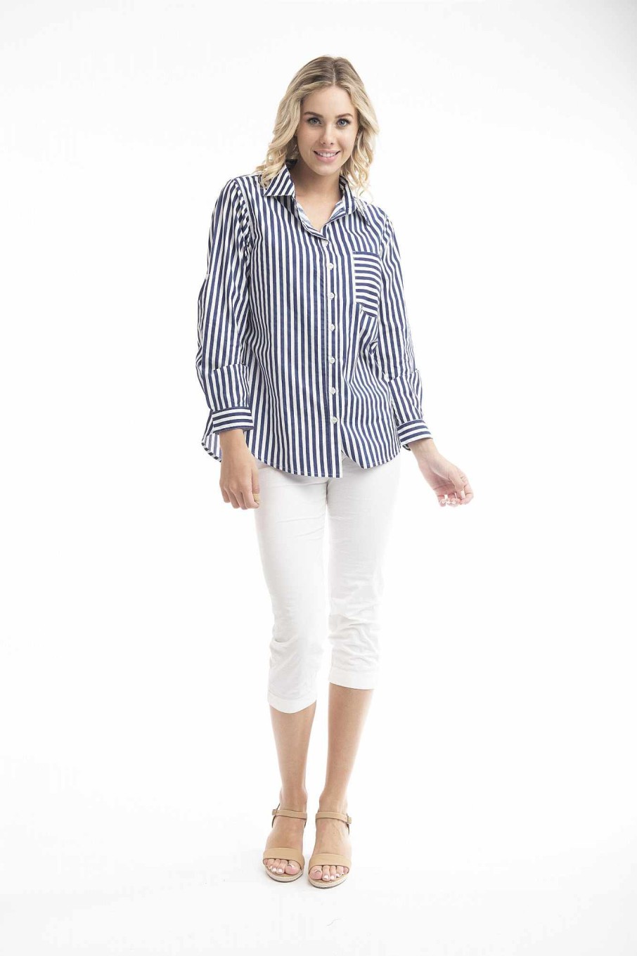 Women Orientique Essentials | Essentials Shirt Single Pocket Stripe Navy