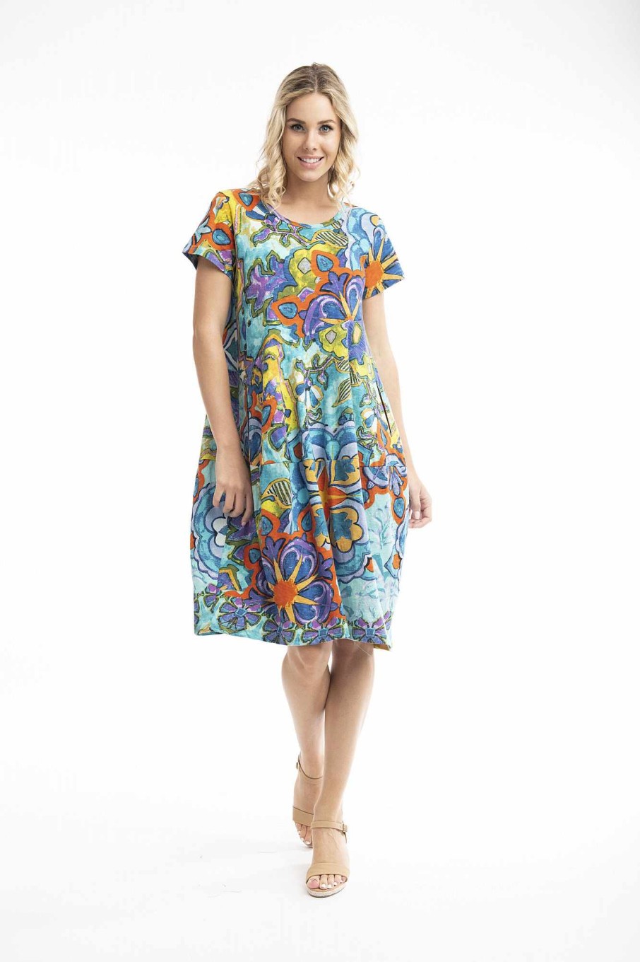 Women Orientique Dresses | Printed Cotton Dress Bubble Knit Ceramic Aqua