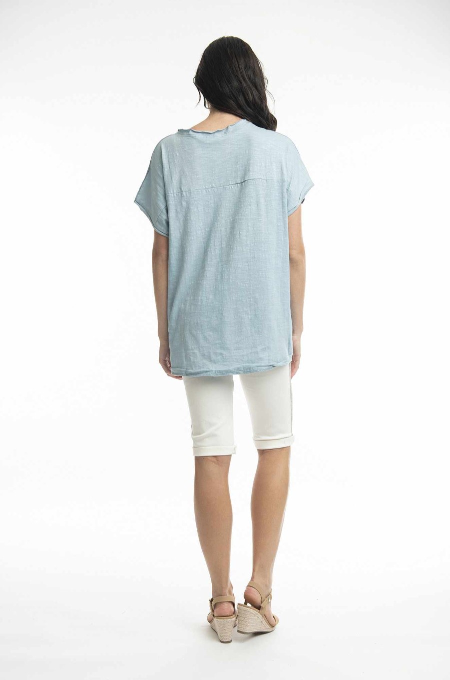 Women Orientique Tops | Tee Embellished Runway Chambray