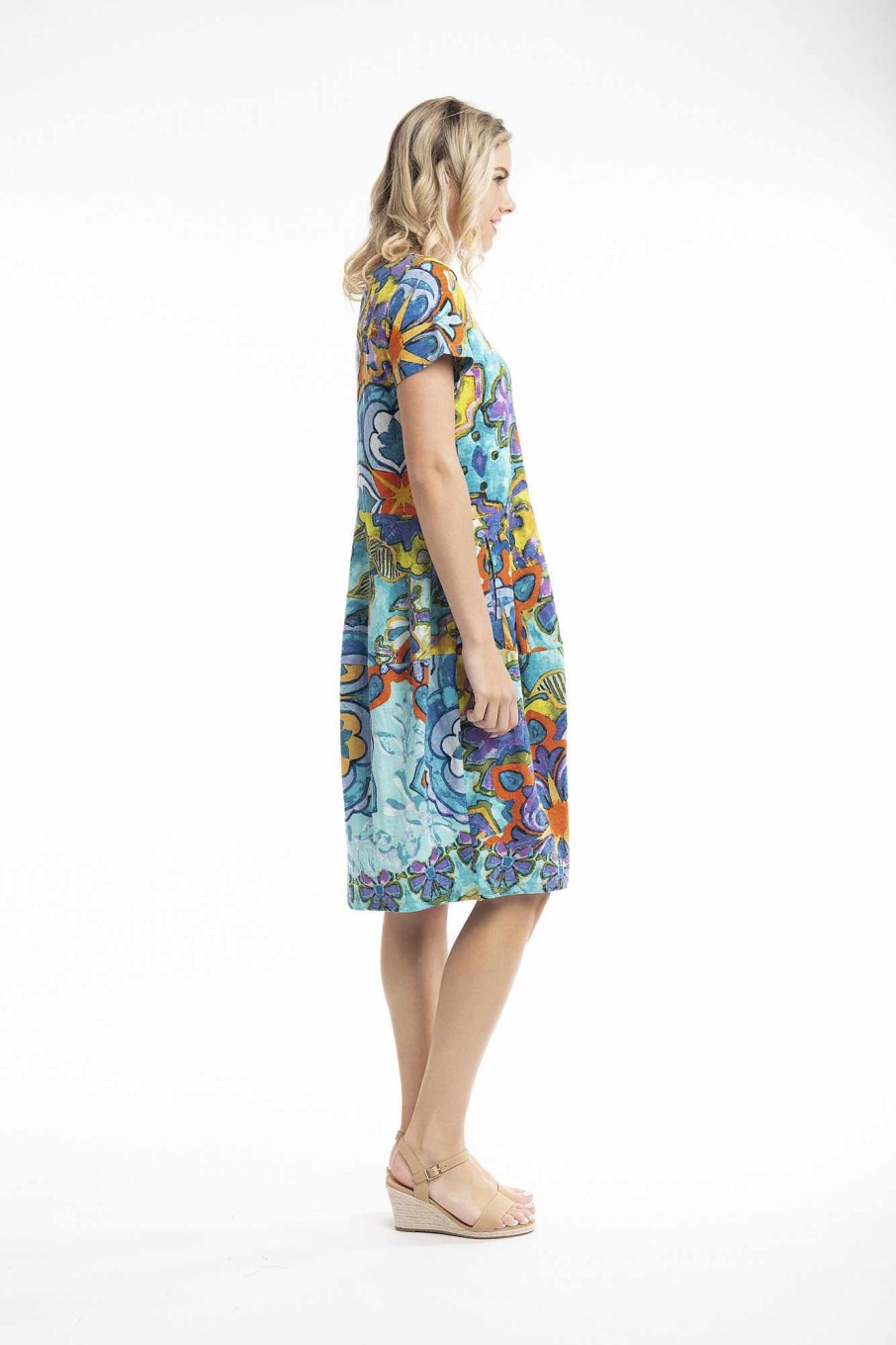 Women Orientique Dresses | Printed Cotton Dress Bubble Knit Ceramic Aqua