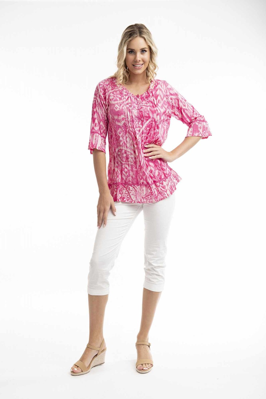 Women Orientique Tops | Olympus Pink Top Pleated 3/4 Sleeve