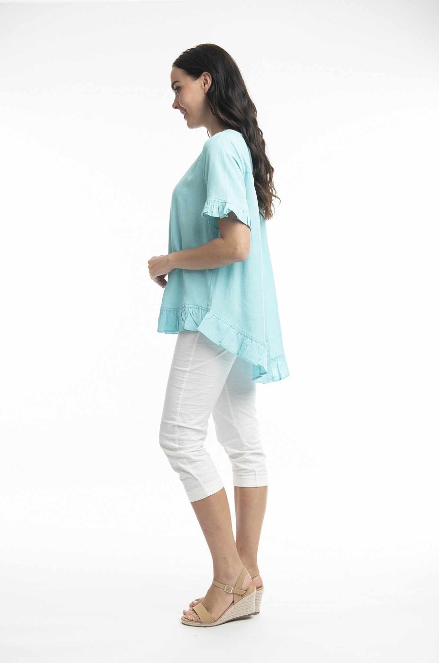 Women Orientique Essentials | Essentials Top Linen Frill Aqua