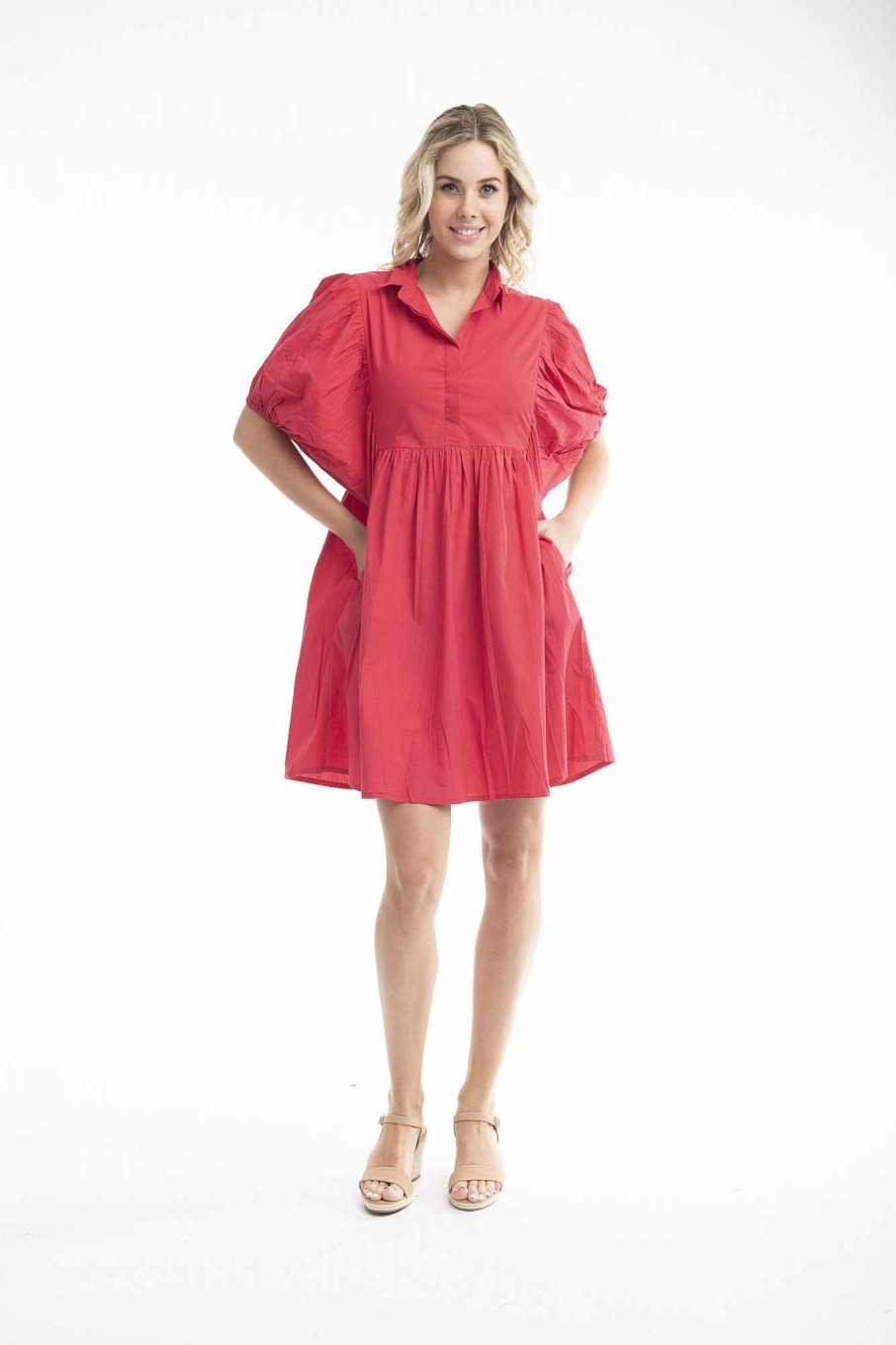 Women Orientique Essentials | Essentials Dress Bubble Sleeve Red