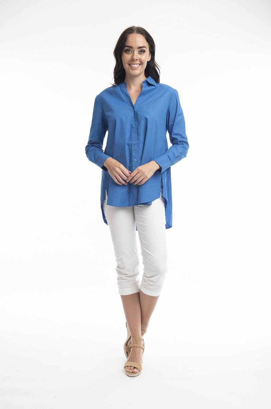 Women Orientique Essentials | Essentials Shirt Ruched Back Solid Nautical Blue