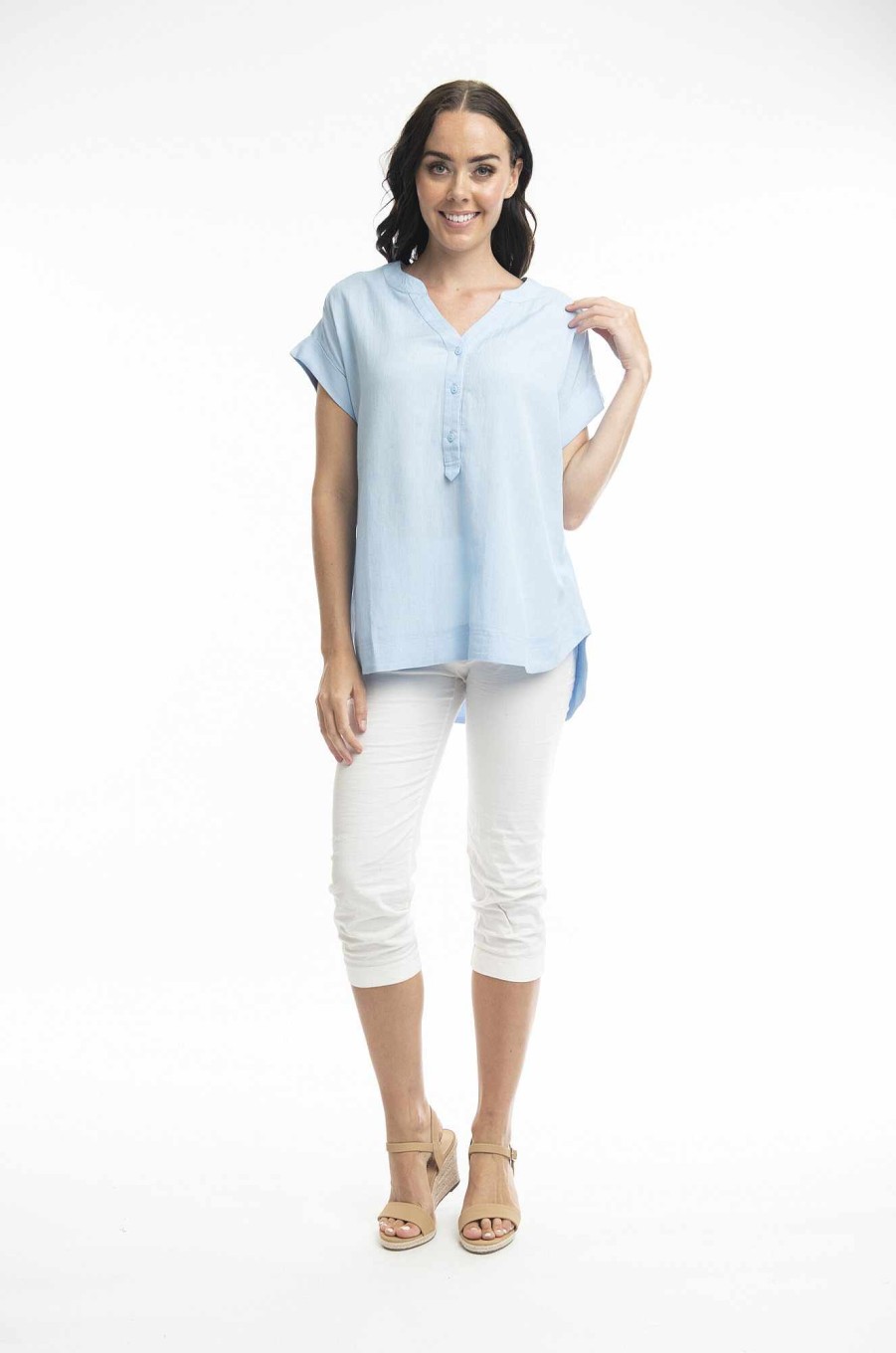 Women Orientique Essentials | Essentials Top Manderine Collar Chambray