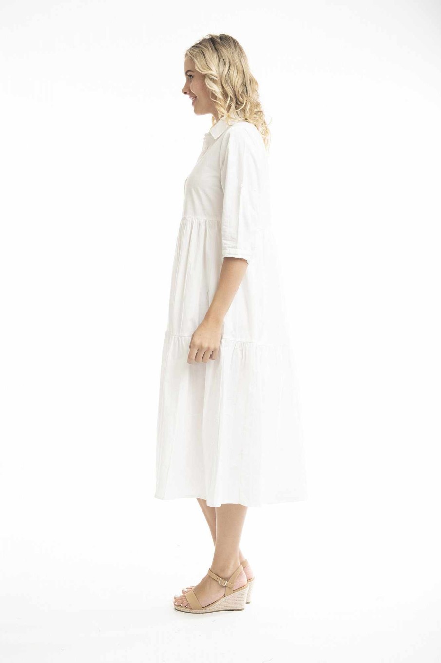 Women Orientique Essentials | Essentials Dress Layered 3/4 Sleeve White