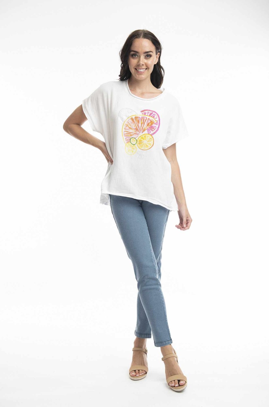 Women Orientique Tops | Tee Embellished Citrus White