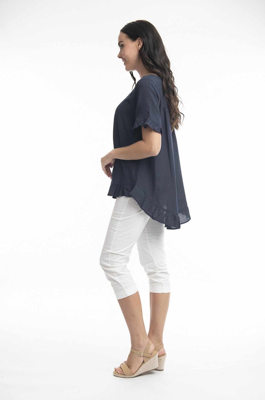 Women Orientique Essentials | Essentials Top Linen Frill Navy