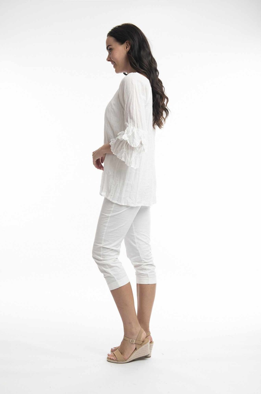 Women Orientique Essentials | Essentials Top Cotton Frill Sleeve Gauze White