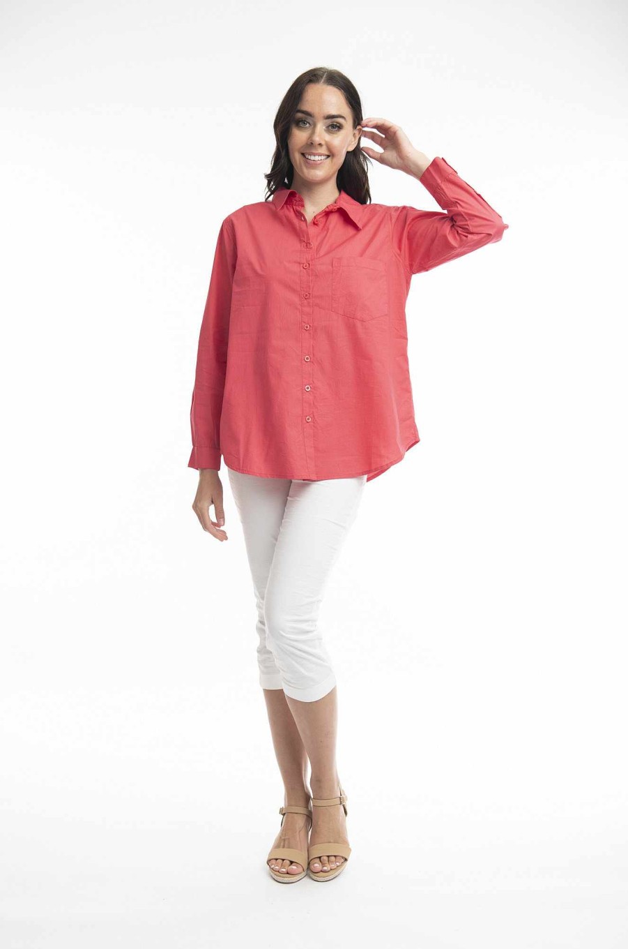 Women Orientique Essentials | Essentials Shirt Single Pocket Solid Red