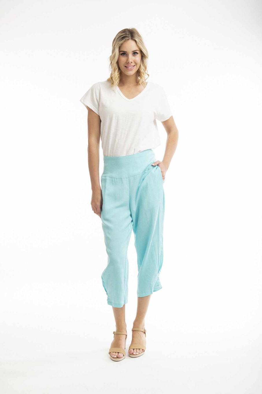 Women Orientique Essentials | Essentials 3/4 Pant Linen Aqua