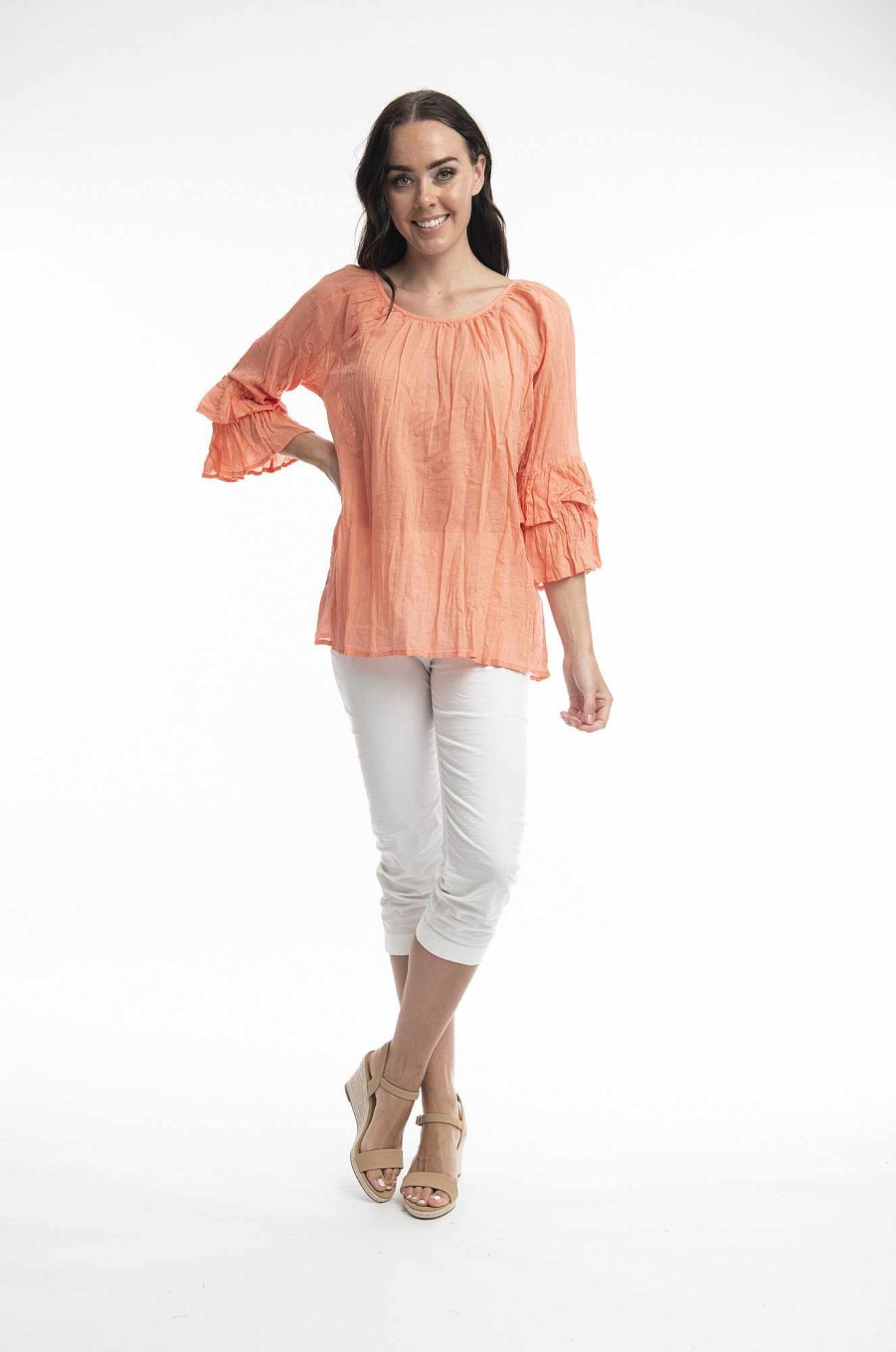 Women Orientique Essentials | Essentials Top Cotton Frill Sleeve Gauze Coral