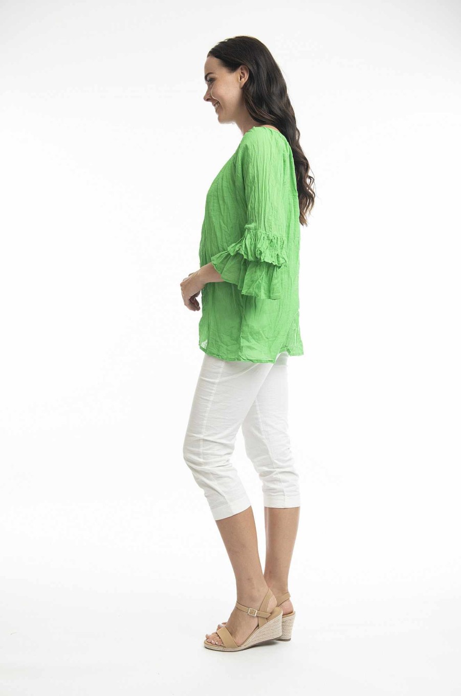 Women Orientique Essentials | Essentials Top Cotton Frill Sleeve Gauze Parrot