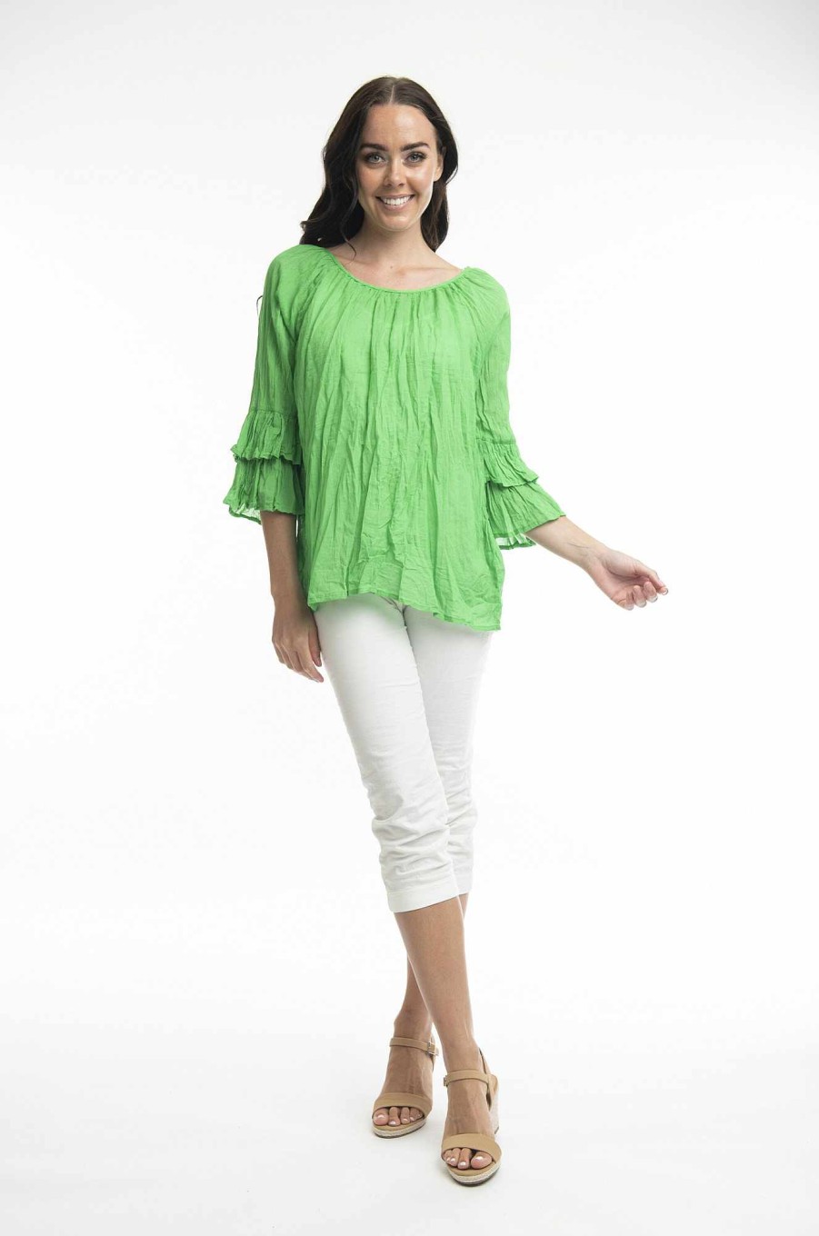 Women Orientique Essentials | Essentials Top Cotton Frill Sleeve Gauze Parrot