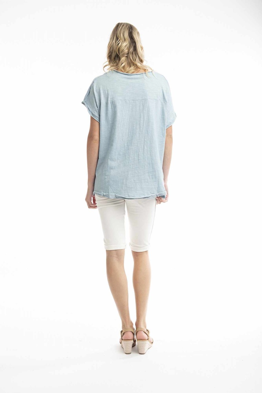 Women Orientique Tops | Tee Embellished Leaf Veins Chambray