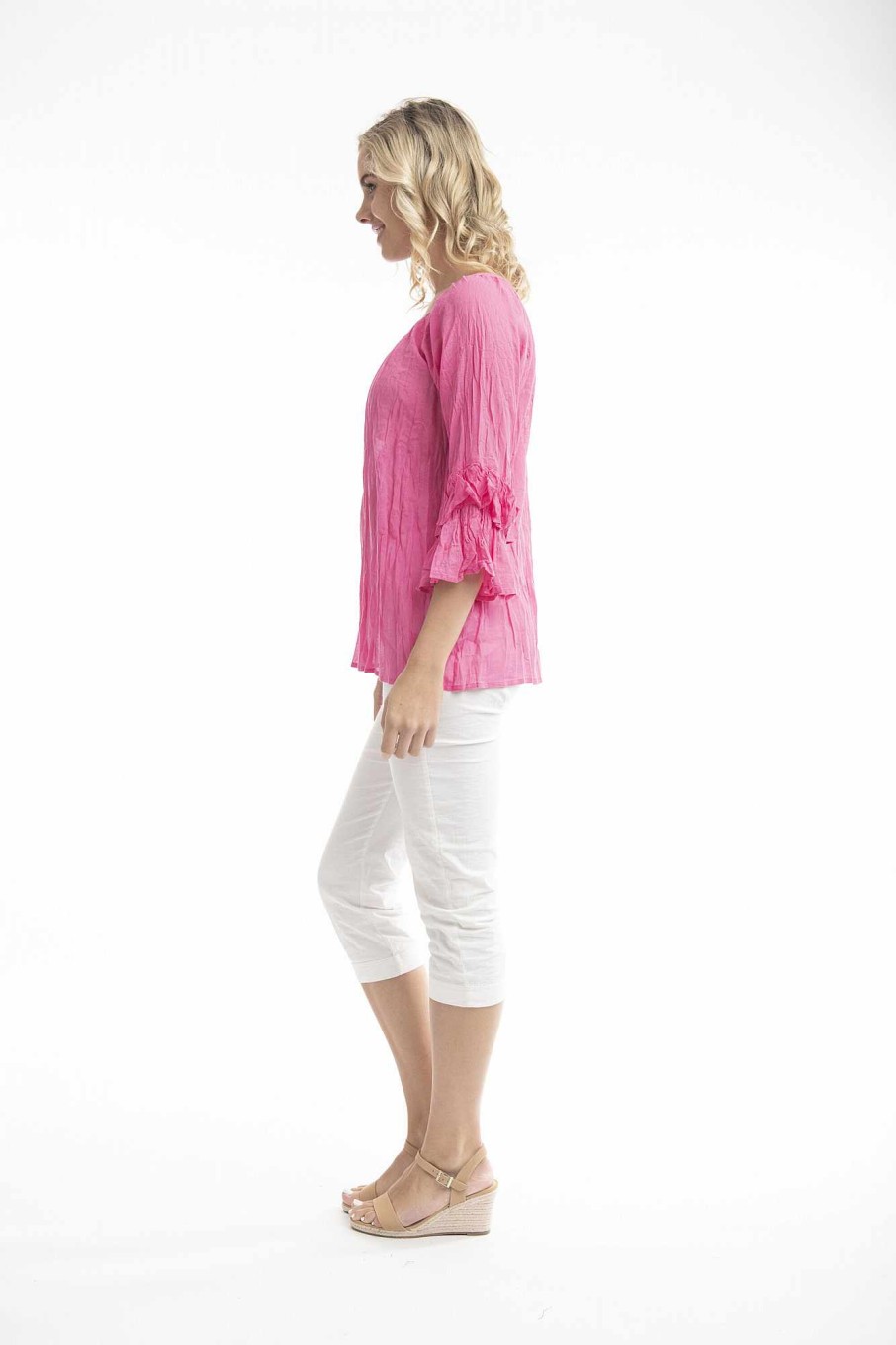 Women Orientique Essentials | Essentials Top Cotton Frill Sleeve Gauze Rose