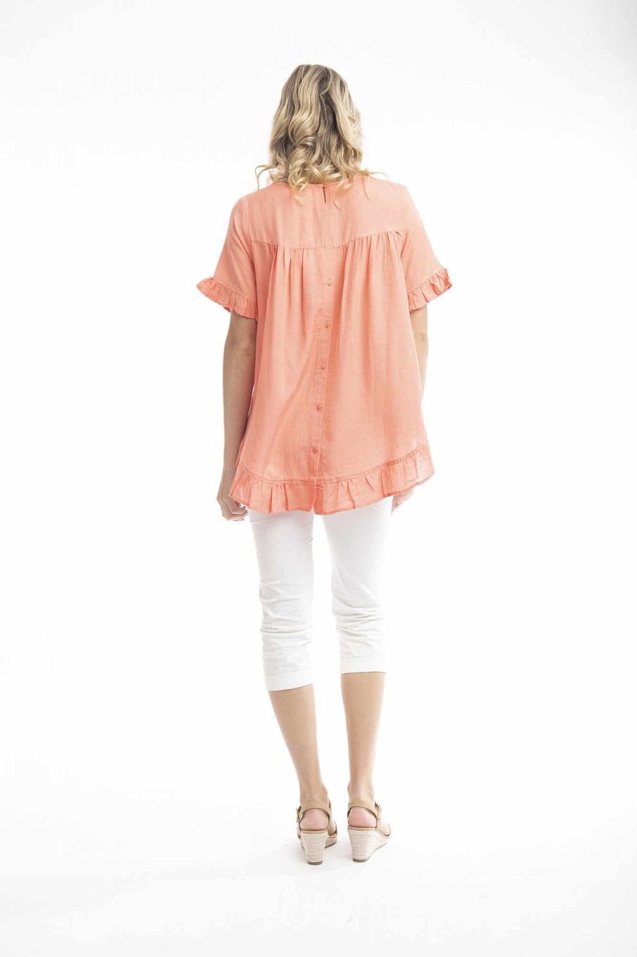 Women Orientique Essentials | Essentials Top Linen Frill Coral