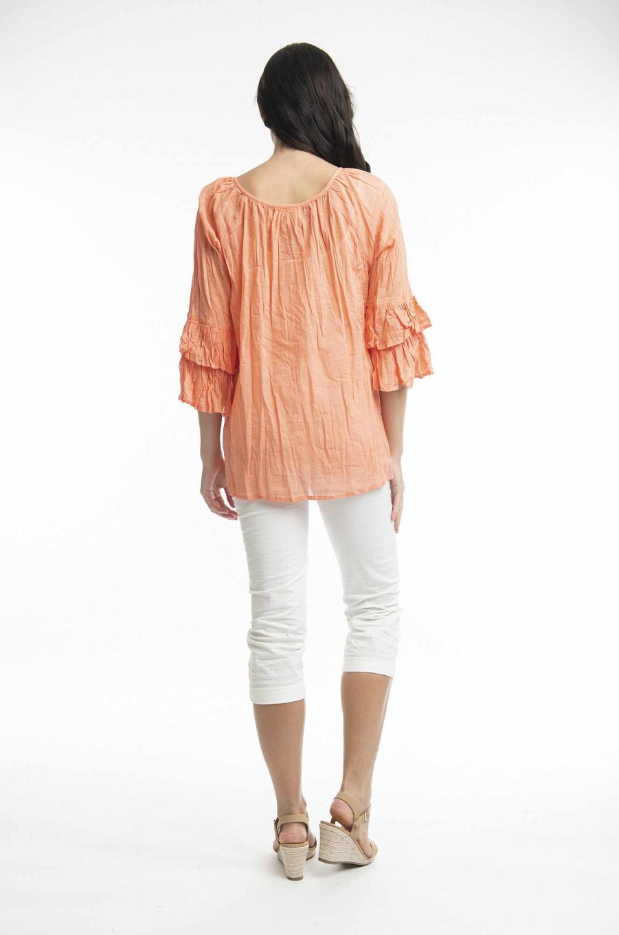 Women Orientique Essentials | Essentials Top Cotton Frill Sleeve Gauze Coral