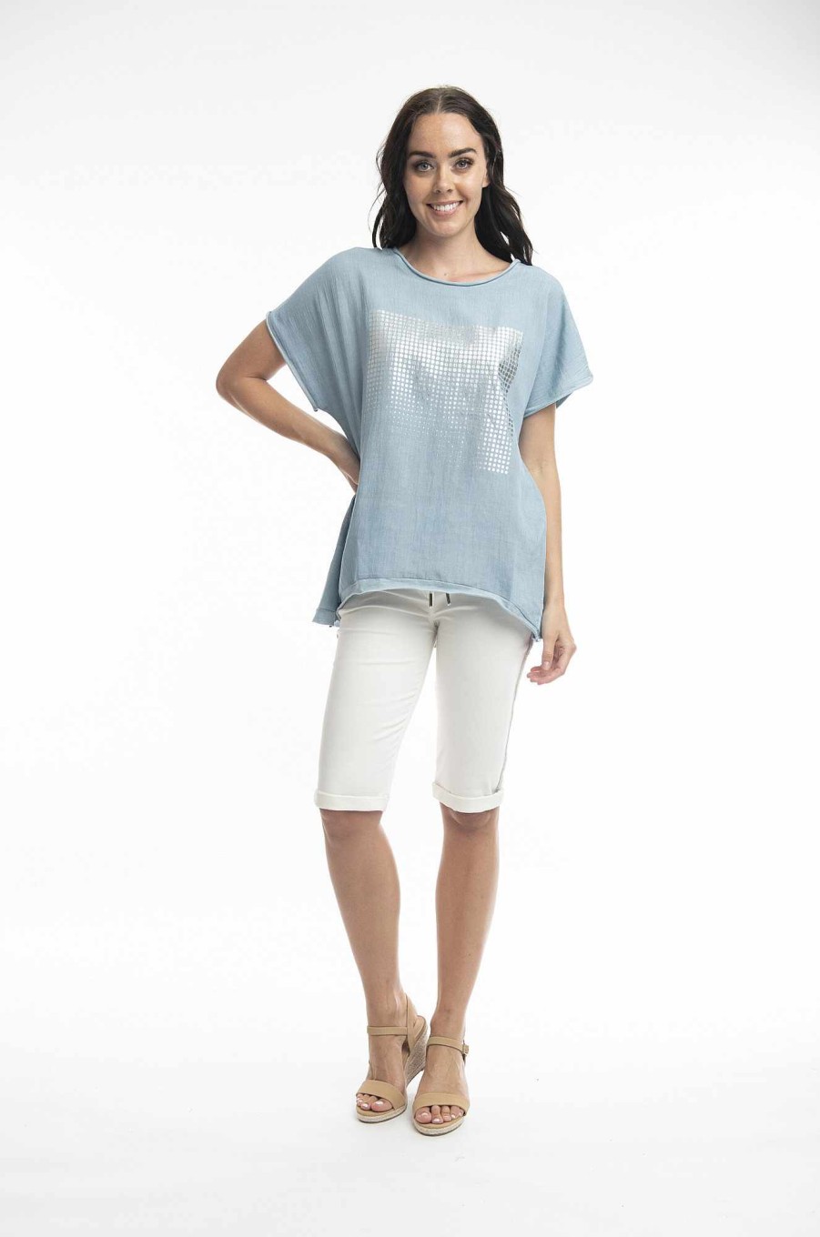 Women Orientique Tops | Tee Embellished Graded Block Chambray