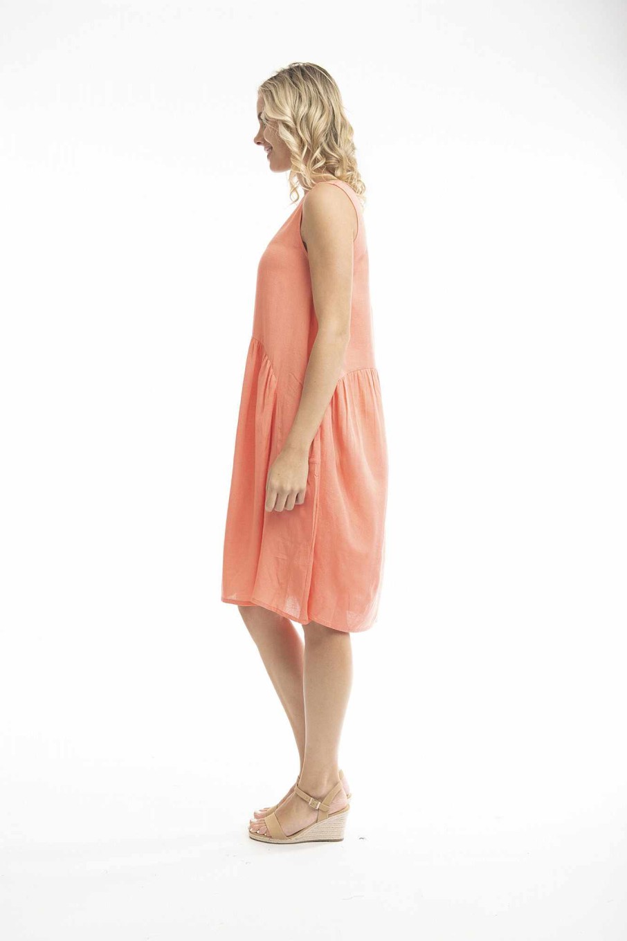 Women Orientique Essentials | Essentials Dress Linen Bubble Coral