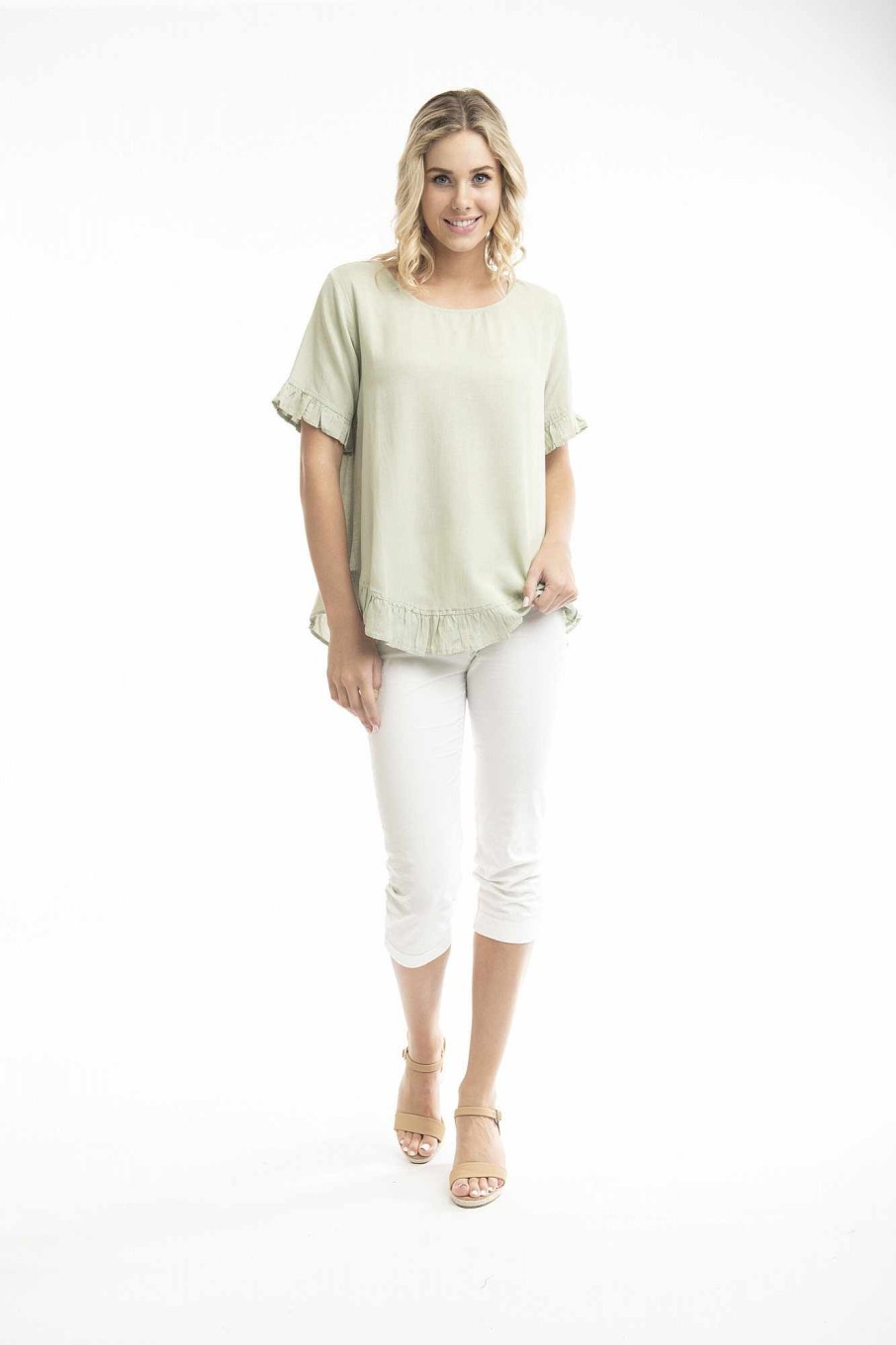 Women Orientique Essentials | Essentials Top Linen Frill Alfalfa