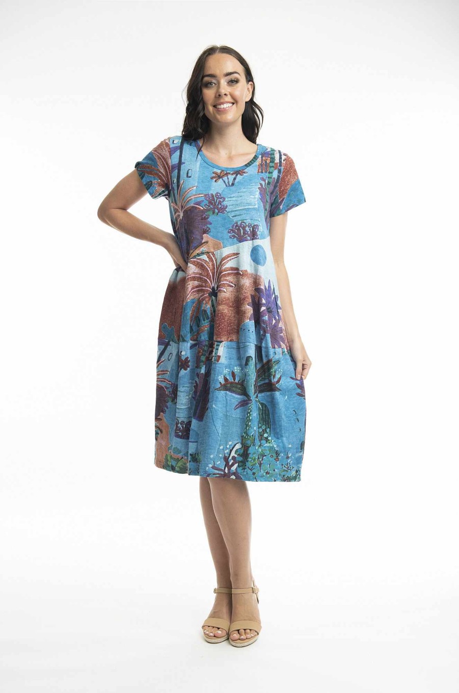 Women Orientique Dresses | Printed Cotton Dress Bubble Knit Morocco Blue