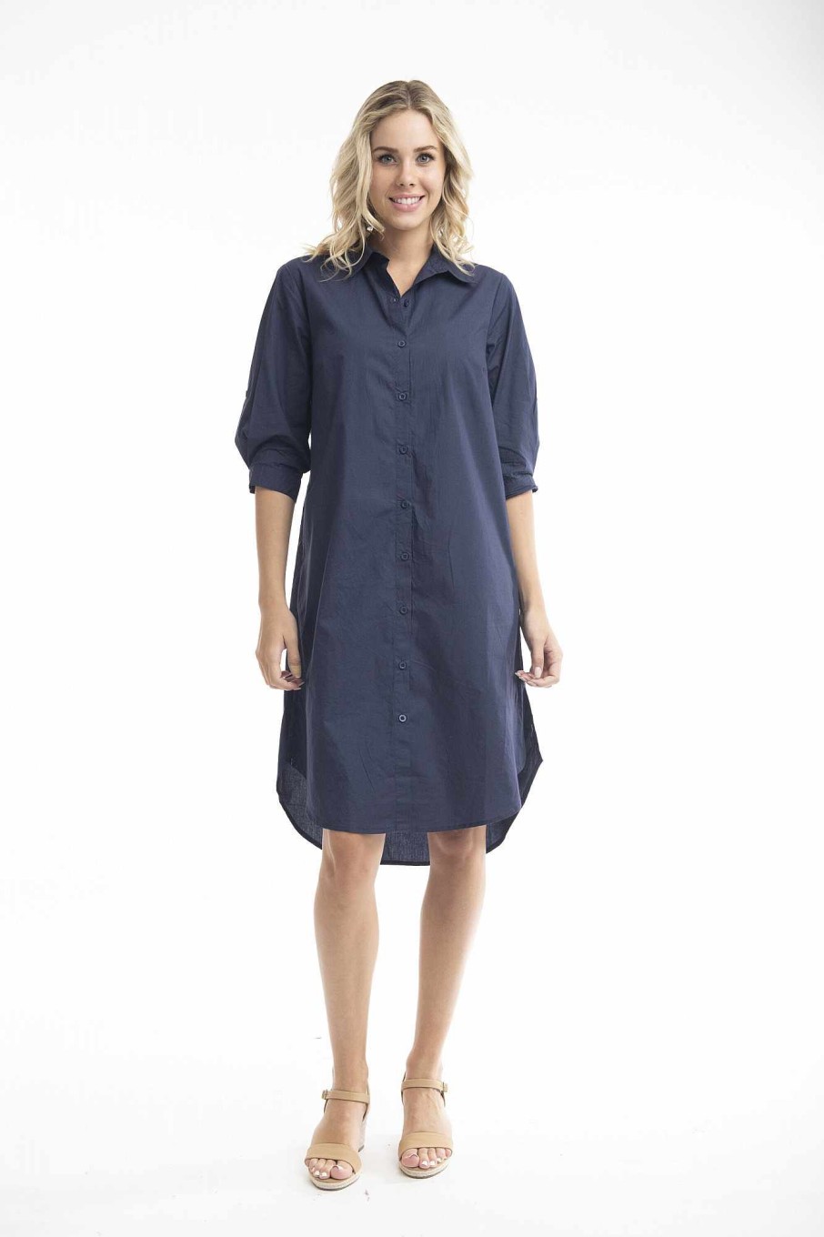 Women Orientique Essentials | Essentials Shirt Dress Solid Navy