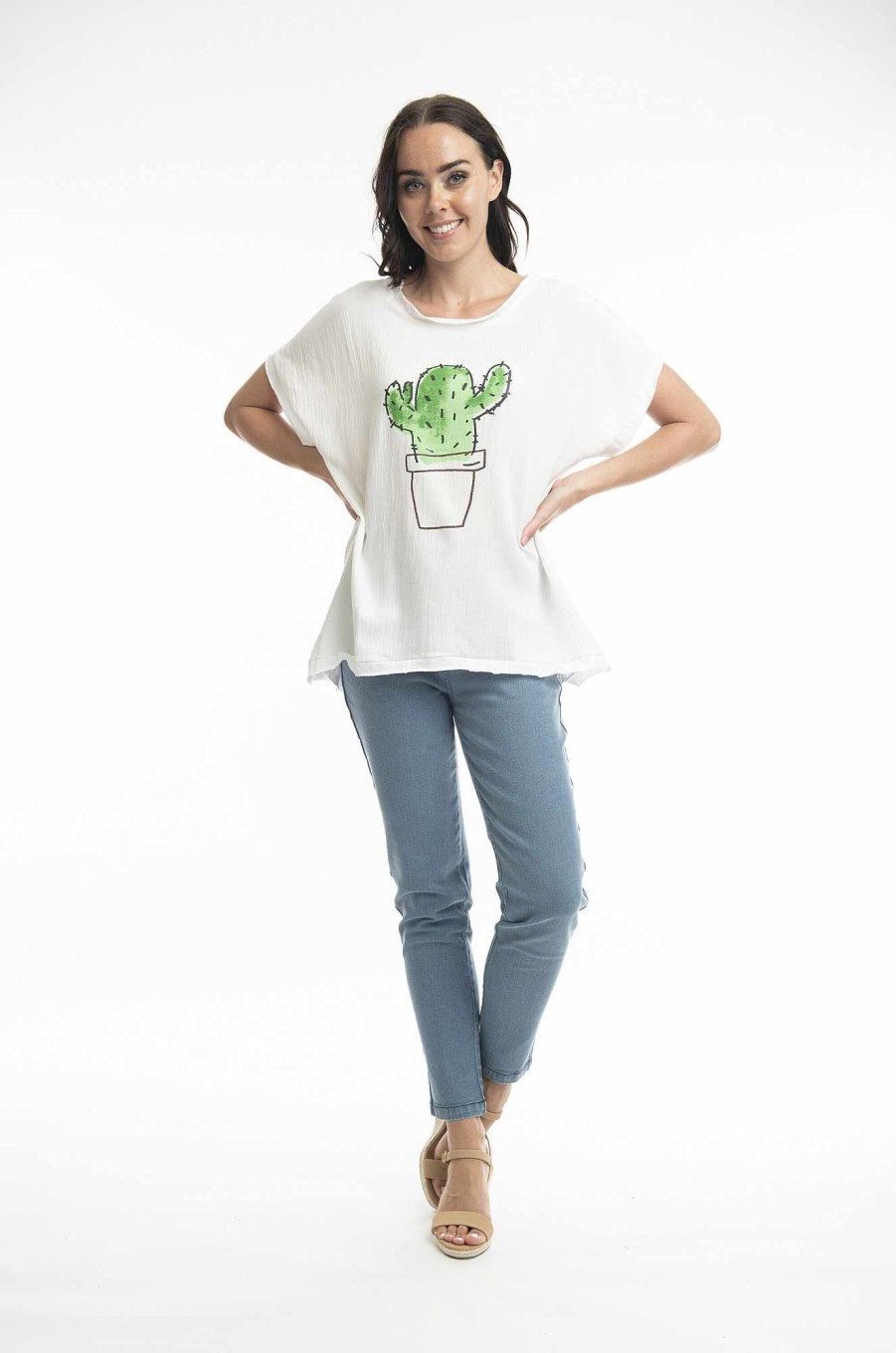 Women Orientique Tops | Tee Embellished Cactus White