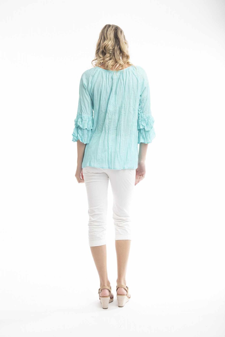 Women Orientique Essentials | Essentials Top Cotton Frill Sleeve Gauze Aqua