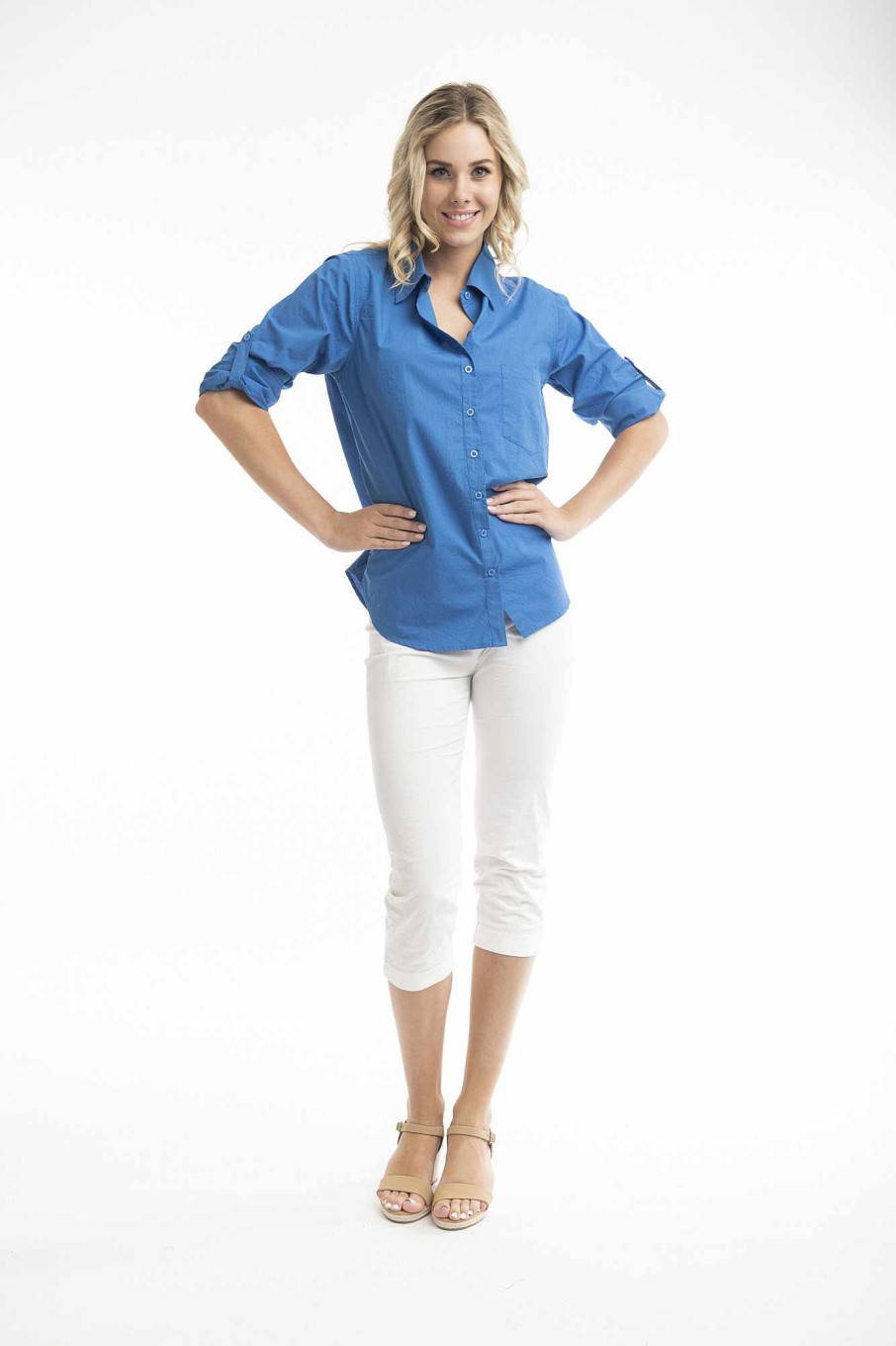 Women Orientique Essentials | Essentials Shirt Single Pocket Solid Nautical Blue