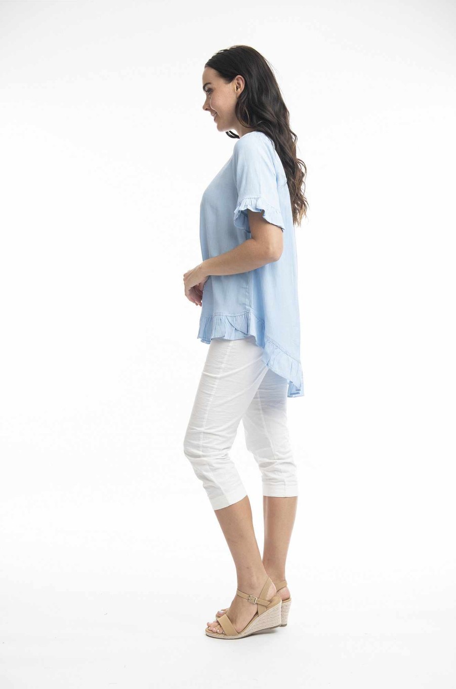 Women Orientique Essentials | Essentials Top Linen Frill Chambray