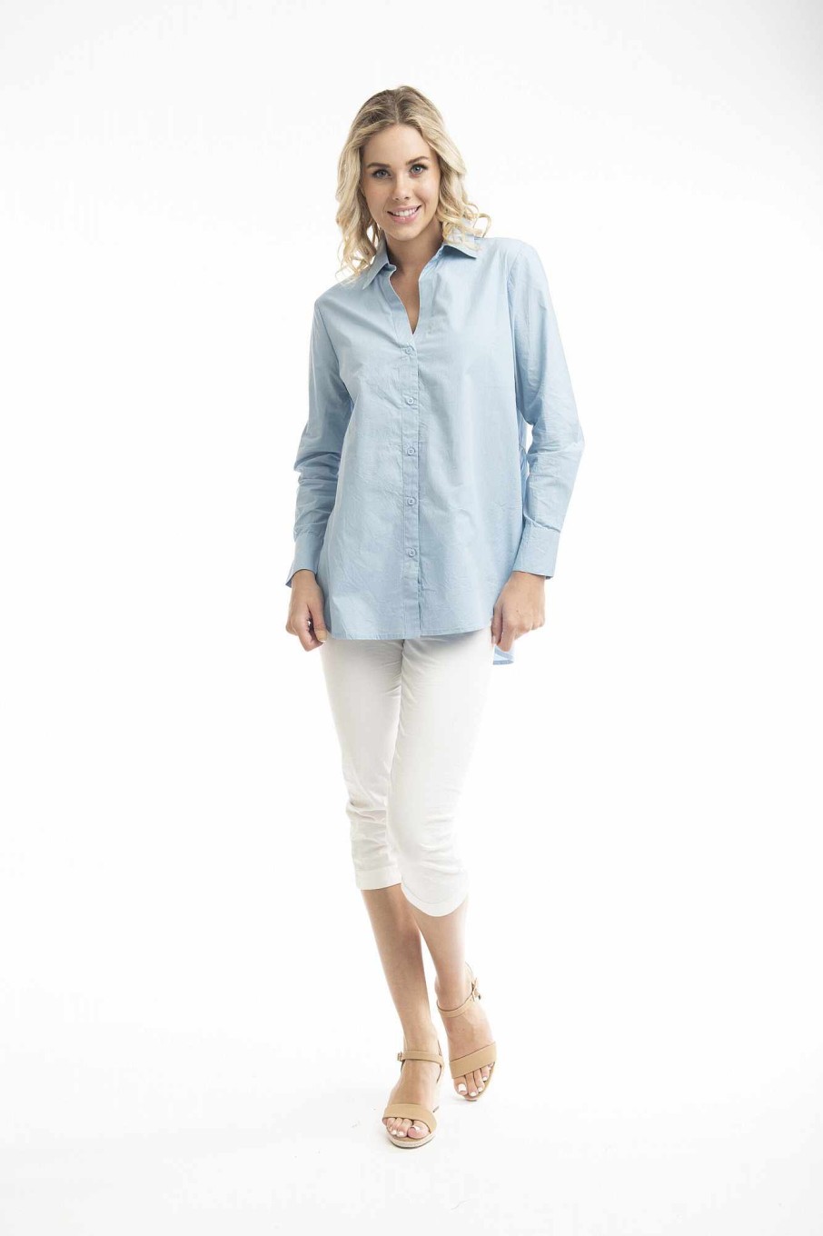 Women Orientique Essentials | Essentials Shirt Ruched Back Solid Chambray