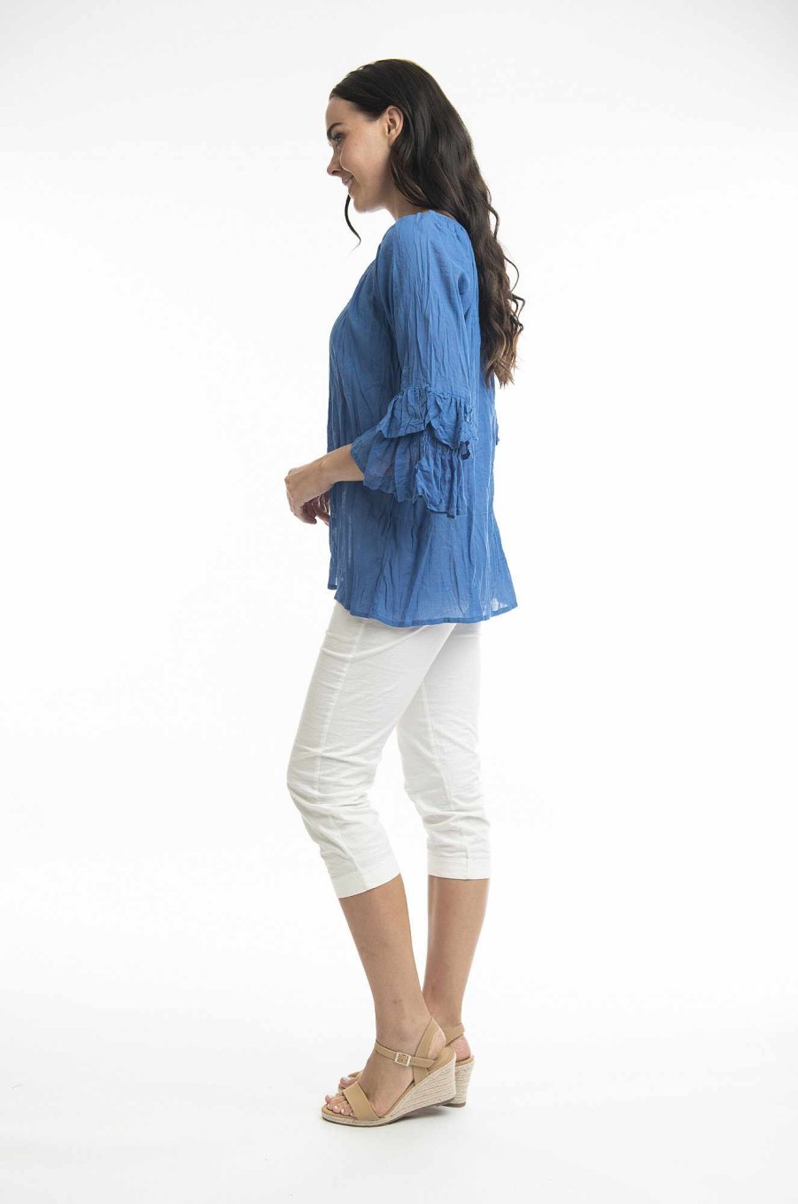 Women Orientique Essentials | Essentials Top Cotton Frill Sleeve Gauze Nautical Blue