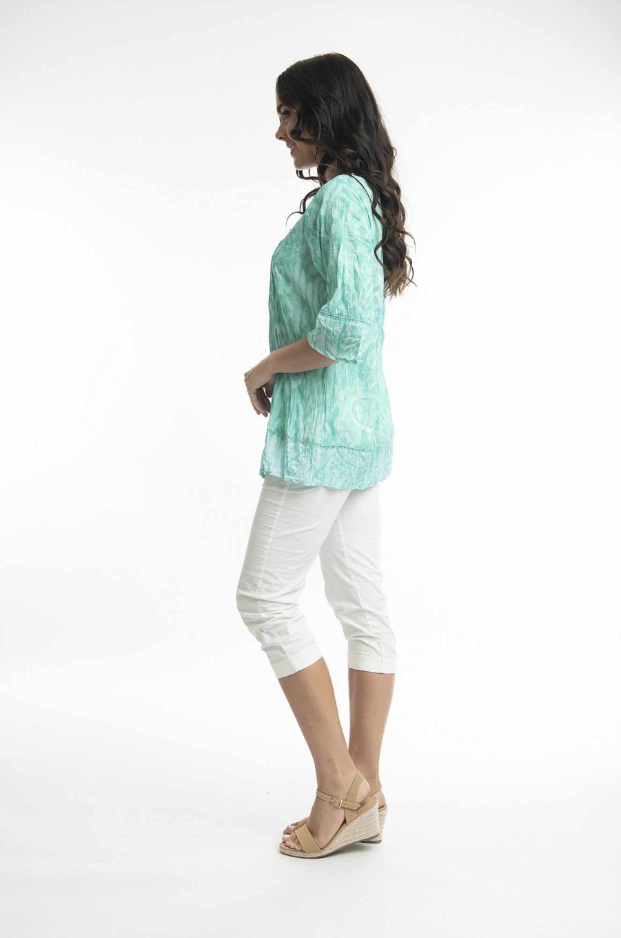 Women Orientique Tops | Olympus Blue Top Pleated 3/4 Sleeve