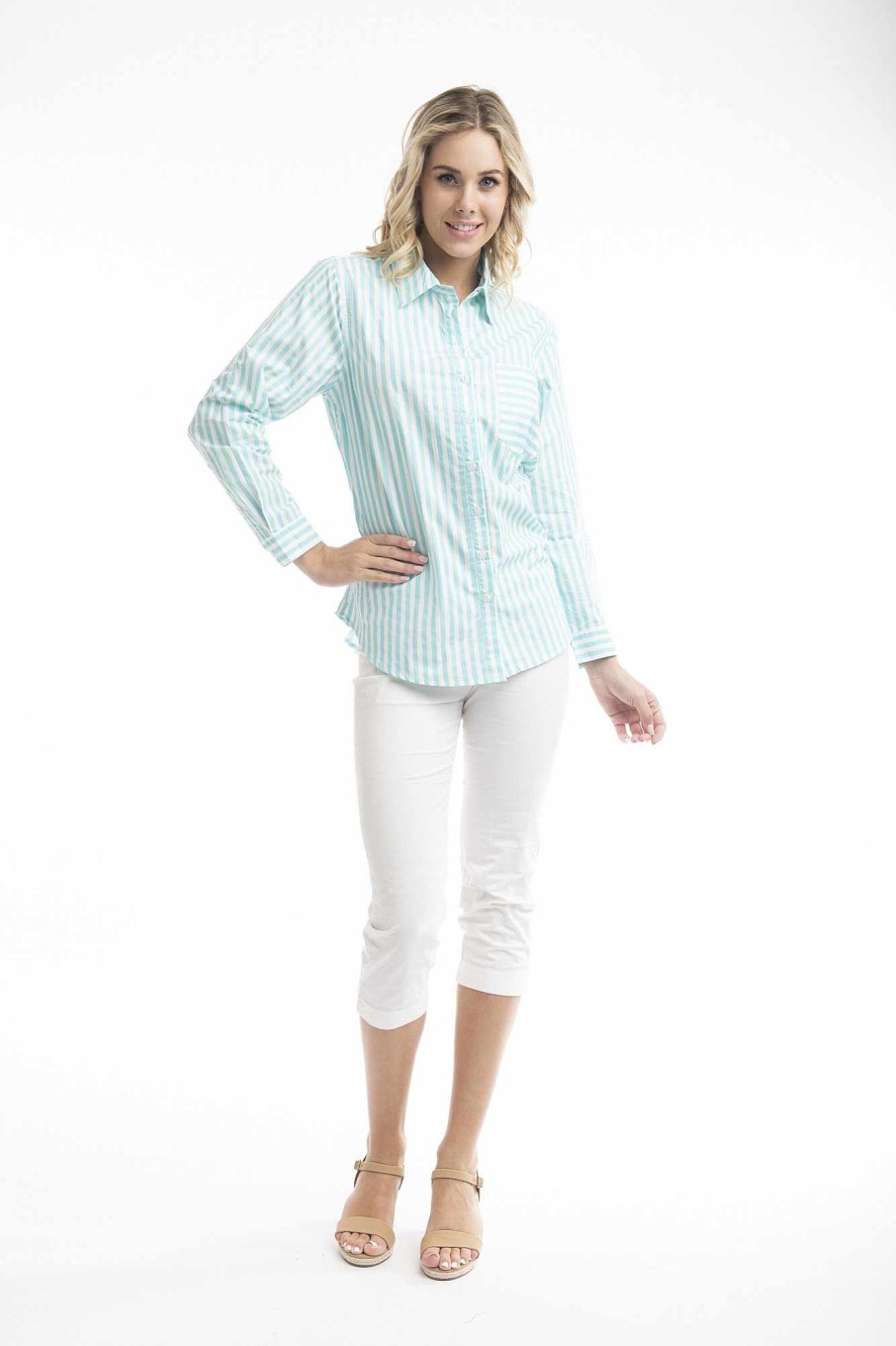 Women Orientique Essentials | Essentials Shirt Single Pocket Stripe Aqua