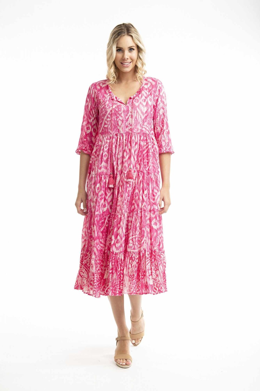 Women Orientique Dresses | Olympus Pink Dress Boho Midi Short Sleeve